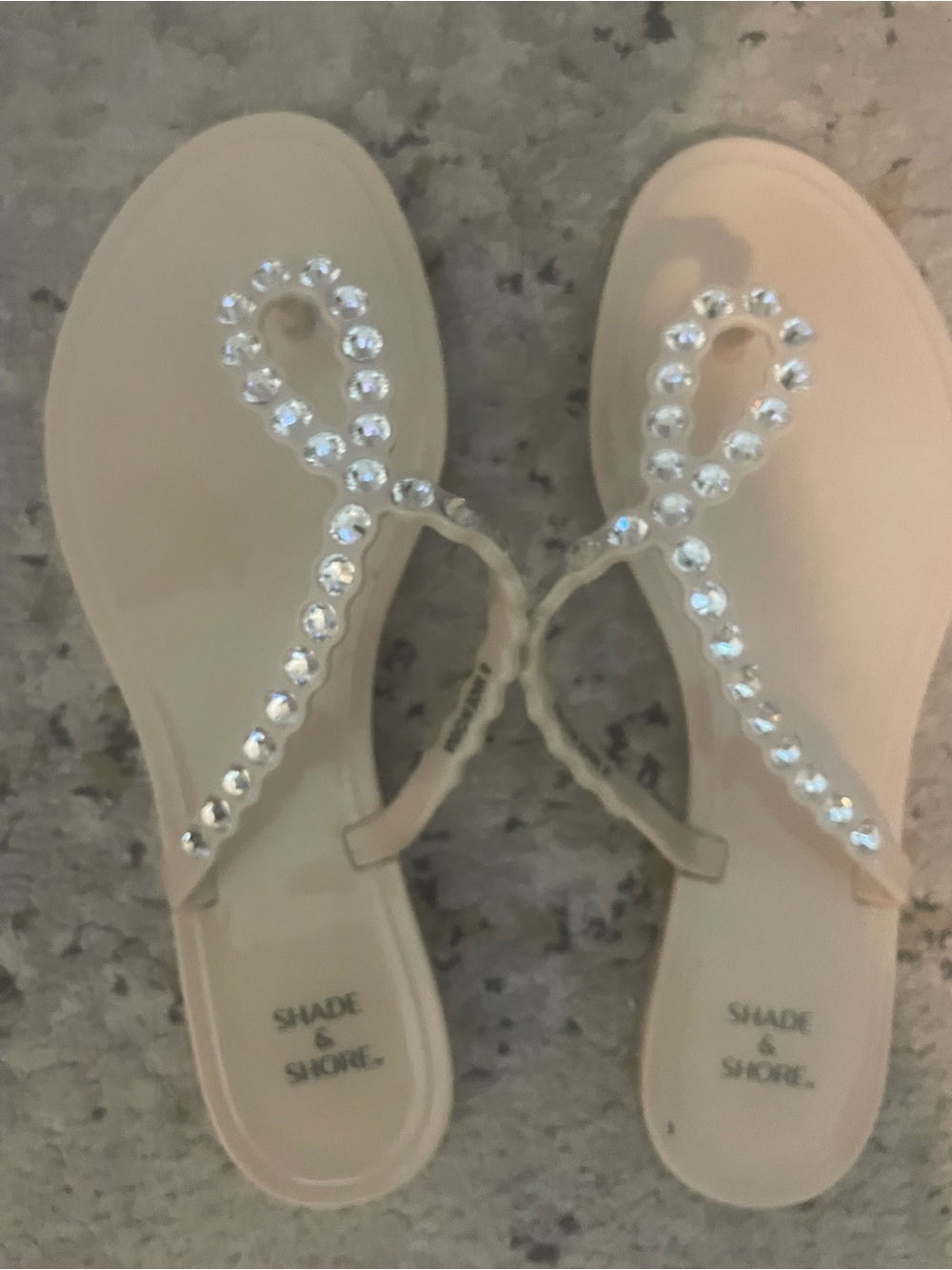 Shade & Shore Nude Beige Rhinestone T-Strap Sandals